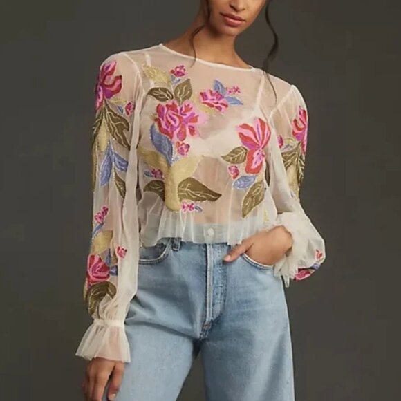 Anthropologie NWT The Layla Long Sleeve appliqué Mesh Blouse in White xxs - Picture 1 of 9